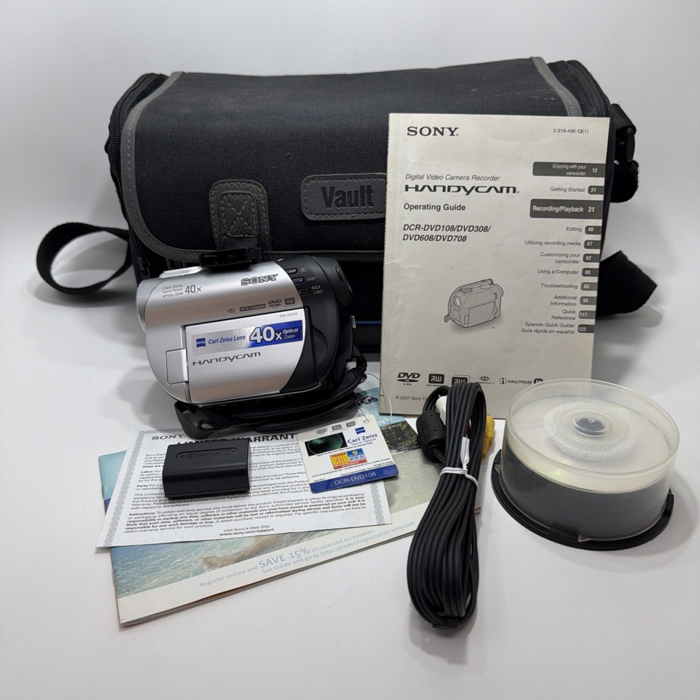 Sony Handycam DCR-DVD108  Zeiss Lens 40X Zoom Battery Bag 20 Mini DVDRW Untested
